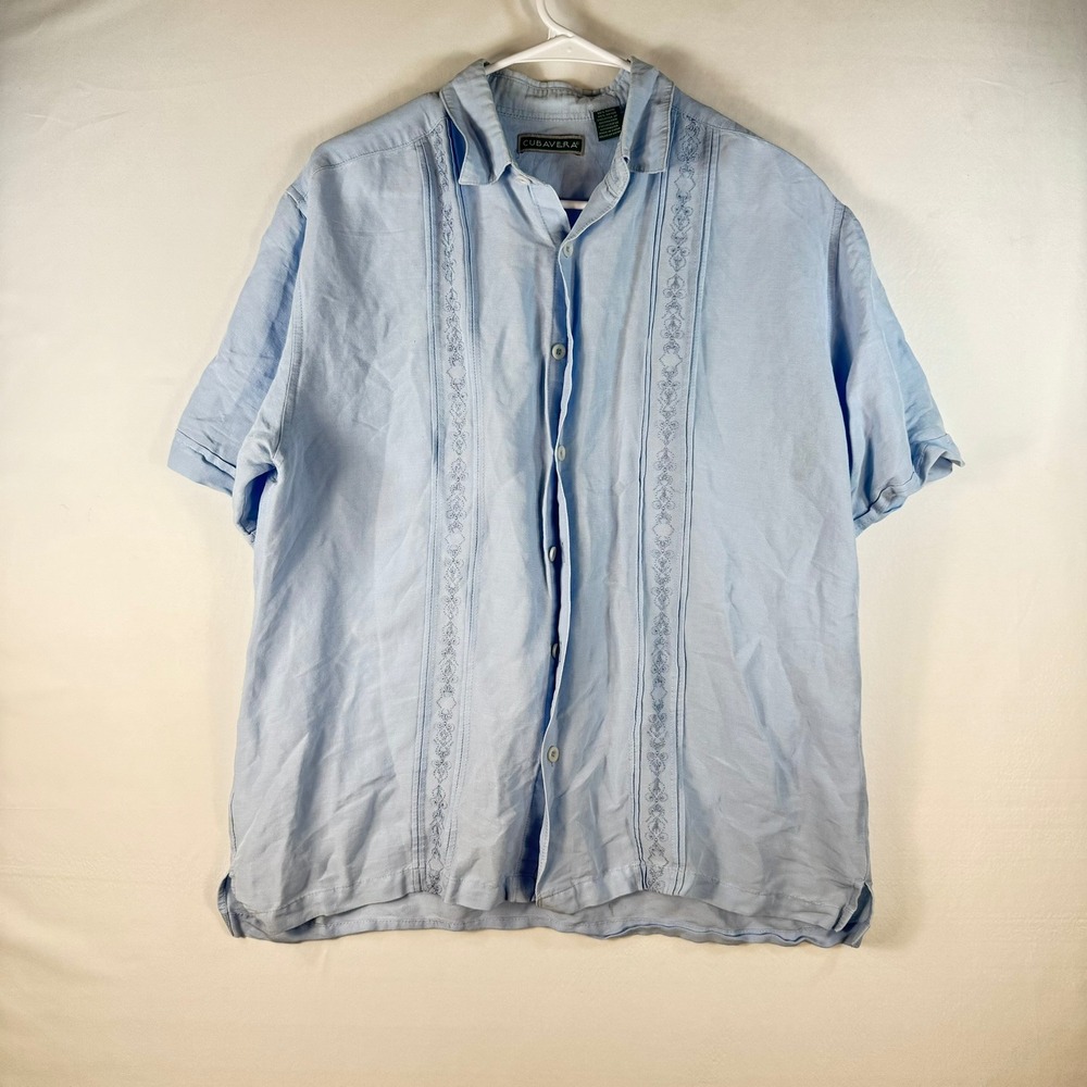 Cubavera Mens Blue Embroidered Guayabera Short Sleeve Button Down Shirt Medium